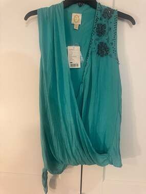 Anthropologie Ric Rac Teal Beaded Sleeveless Wrap Top